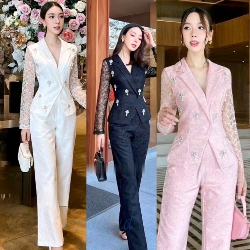 setelan blazer skirt set motif lace brukat blink vintage simple korean paris parisian europe eropa v