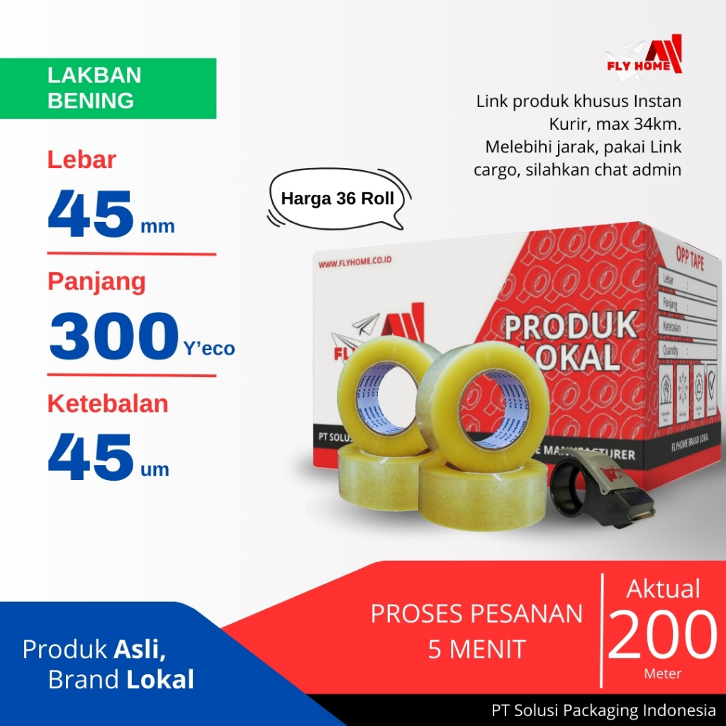 

FLYHOME Lakban bening 1 dus 300yard 45mm x 300yard 36 roll lakban jumbo 300 yard ECO Instan