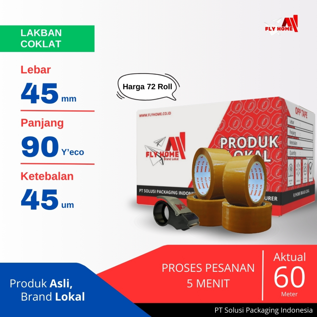 

FLYHOME Lakban coklat 1 dus 90 yard 45mm x 90yard 72 roll opp Brown ECO Cargo