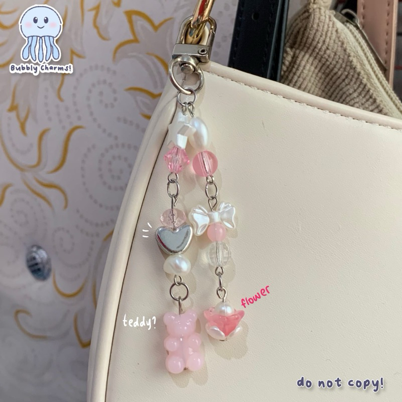 Amor Teddy Bear Bag Charm | keychain pink flower teddy bear