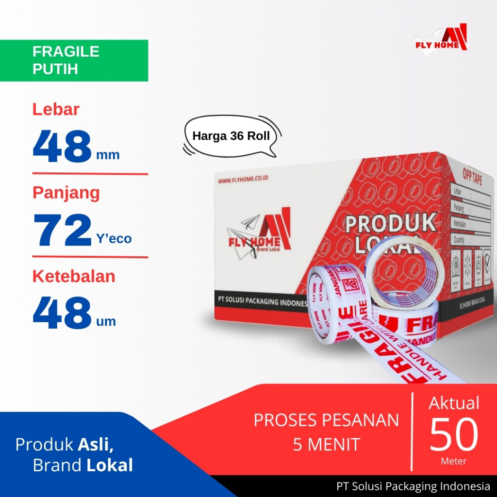 

FLYHOME Fragile putih 72Yard 36 roll 48mm x 100yard 2inci lakban Printing ECO