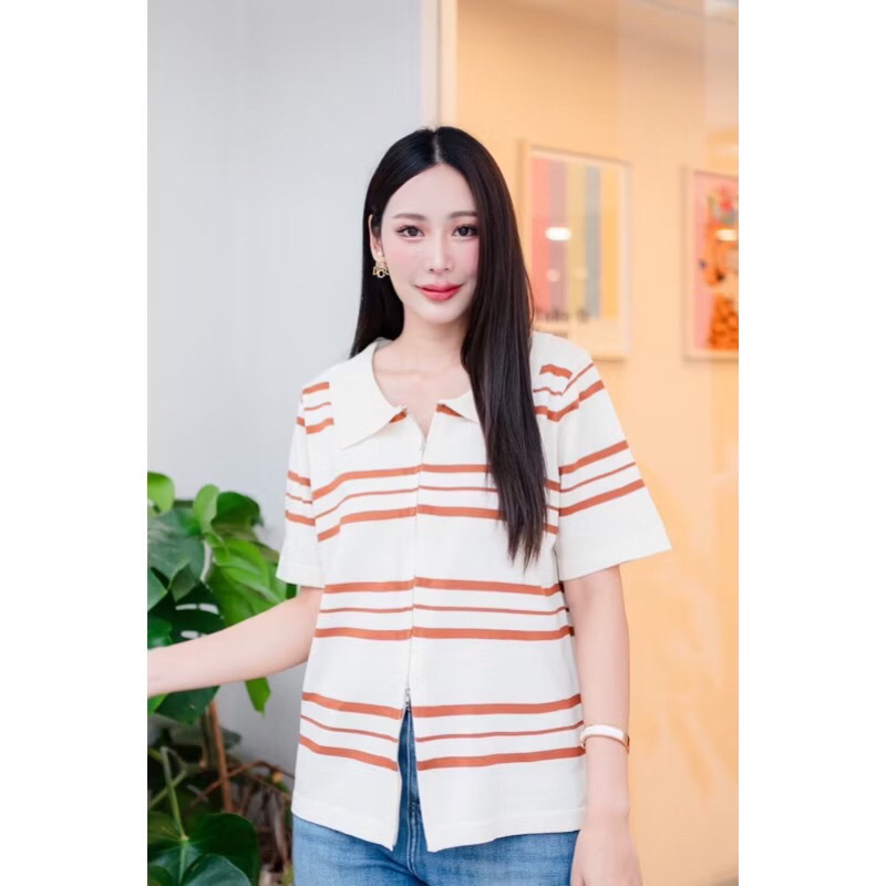 Knit Collar Top Double Zipper by TOPPING BKK | Baju Knit Wanita Berkerah kancing Double Zip import B