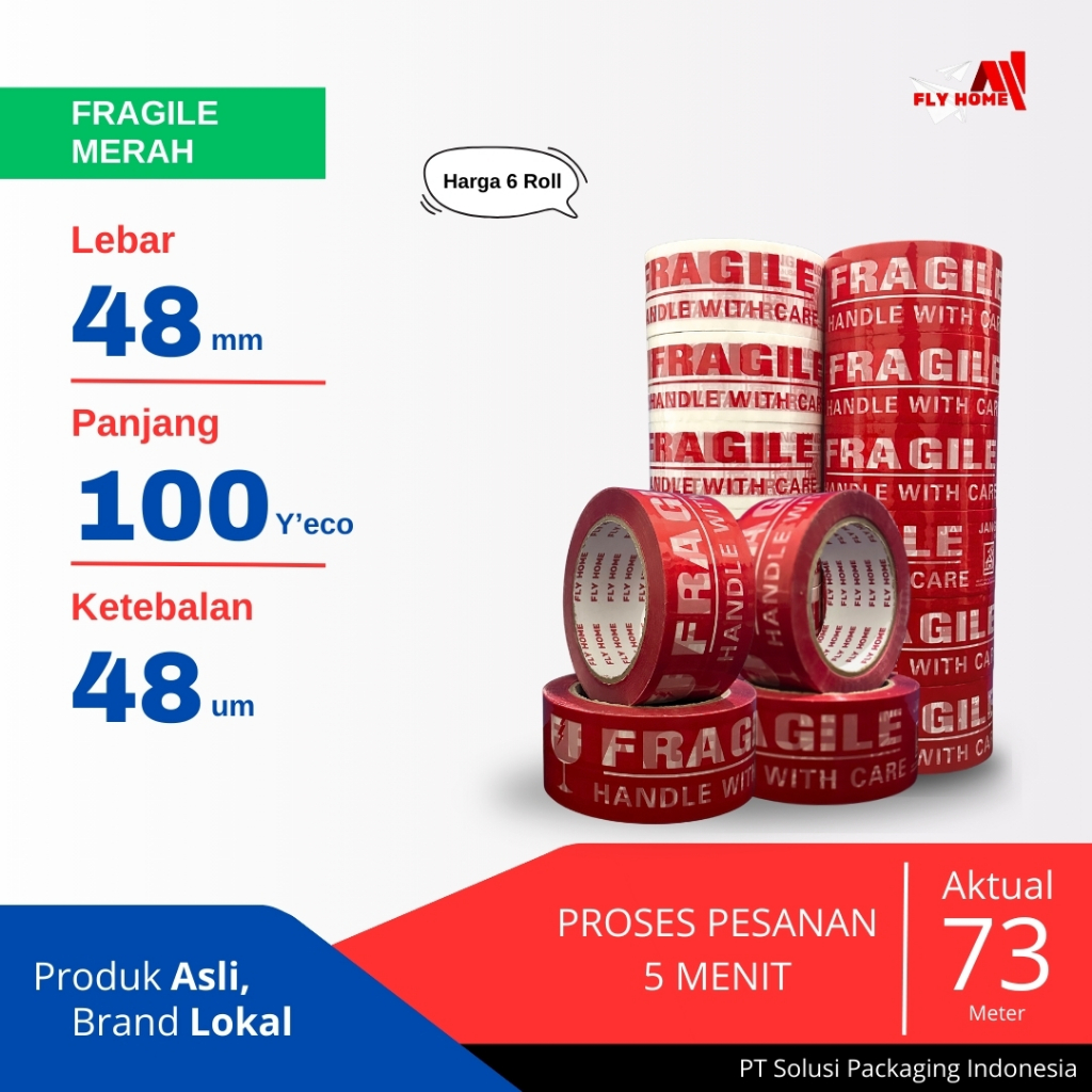 

FLYHOME Fragile merah 100yard 48mm x 100yard 2inchi 6 roll lakban Fragile 100 yard ECO