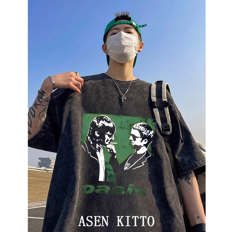 ASEN KITTO band rock Oasis pria wanita atasan kaos washed tshirt oversize t shirt baju distro origin