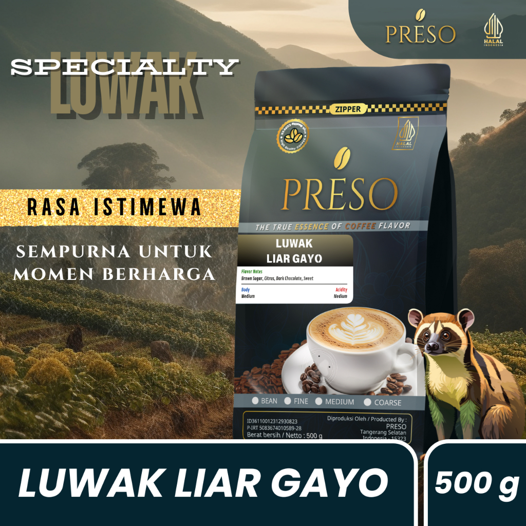 

PRESO Kopi Specialty Luwak Liar Gayo/Wild Civet Gayo Coffee 500 gram