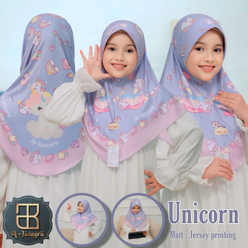 HIJAB INSTAN ANAK Al-JAZEERA MOTIF UNICORN JERSEY PRINTING ADEM NYAMAN DIPAKAI ORI AL-JAZEERA