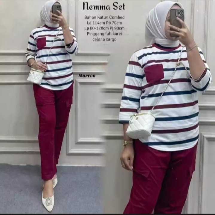 setelan baju ibu ibu kekinian terbaru 2025 motif salur pelangi set cargo bahan import