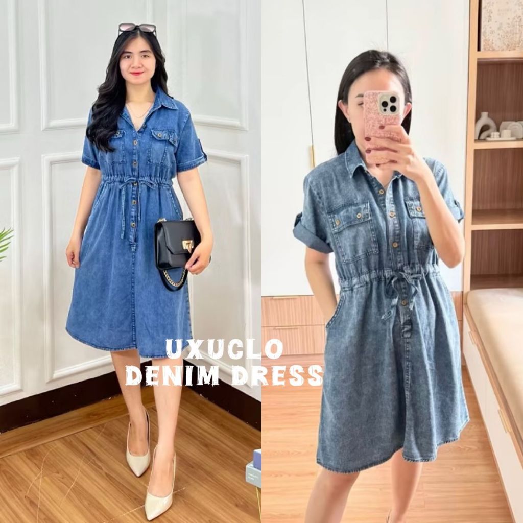 Uxuclo Dress Denim Korean Style/Midi Dress Wanita Kekinian/Dress Denim Bkk/Dress Jeans Wanita