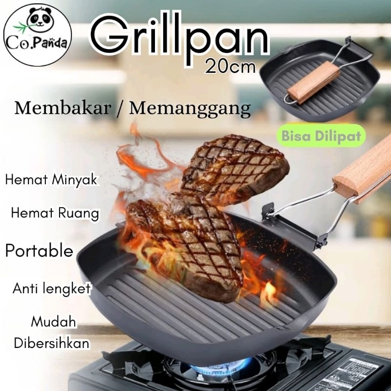 Grillpan Anti Lengket Teflon Lipat Panggangan Square Bakar Sate Daging Alat Penggorengan Telur Sosis