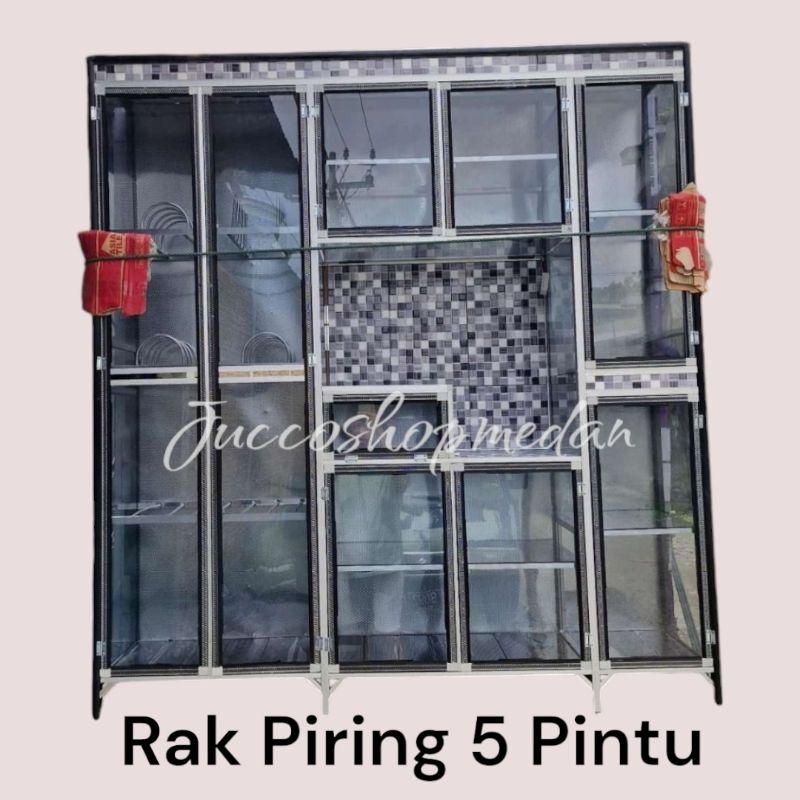 [ Jucco ] Rak Piring Aluminium 5 Pintu Keramik - Lemari Sayur 5 Pintu Kaca Aluminium - Lemari Piring
