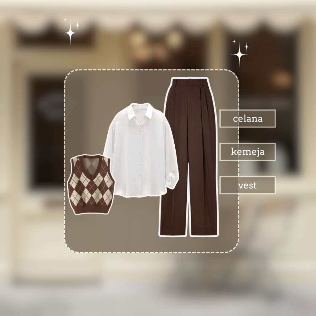 Setelan kece Ala korean style Setelan wanita simpel Atasan kemeja | vest rompi | celana coklat| sete