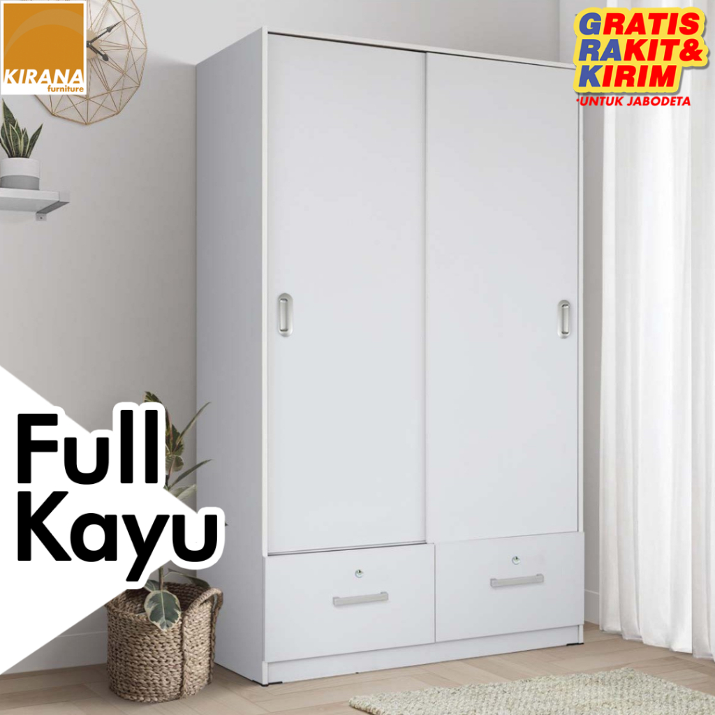 KIRANA Omaha - Lemari Pakaian Kayu 2 Pintu Sliding / Geser Wardrobe Putih Modern Minimalis