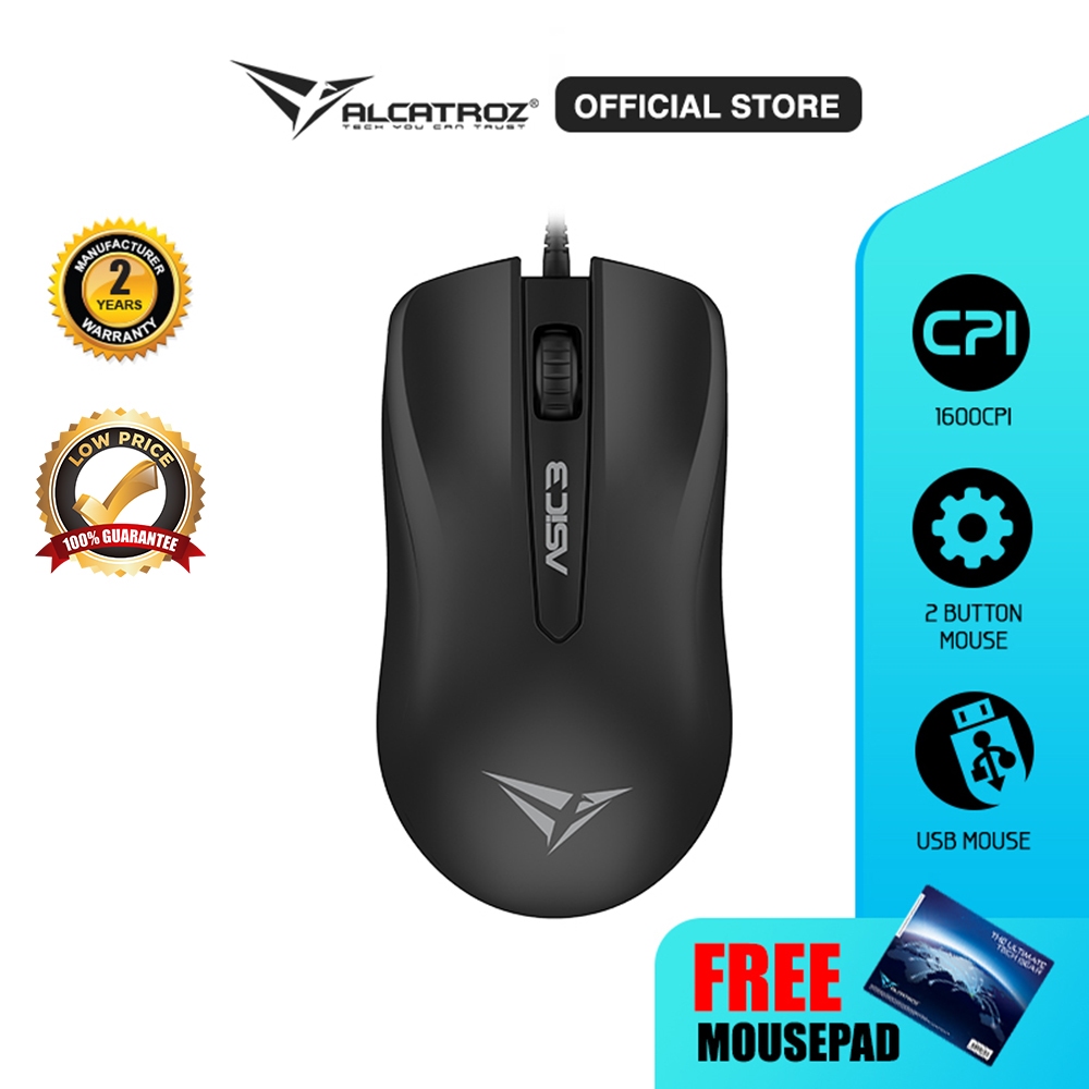 Mouse Kabel Alcatroz Asic 3 Wired USB Mouse 1600 CPI | Ergonomic Design with High Resolution Optical