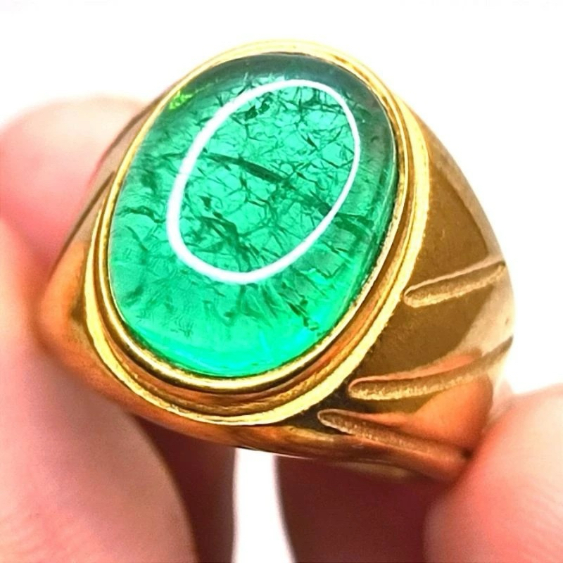 BAYAR DITEMPAT CINCIN AKIK PRIA BATU ZAMRUD COLOMBIA OVAL RING TANAM TITANIUM SUPER ELEGAN SIAP PAKA