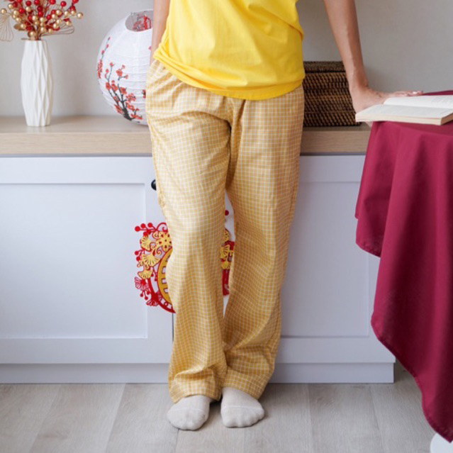 Po Mimi & Milo Yellow Plaid cotton pajamas pants celana tidur piyama