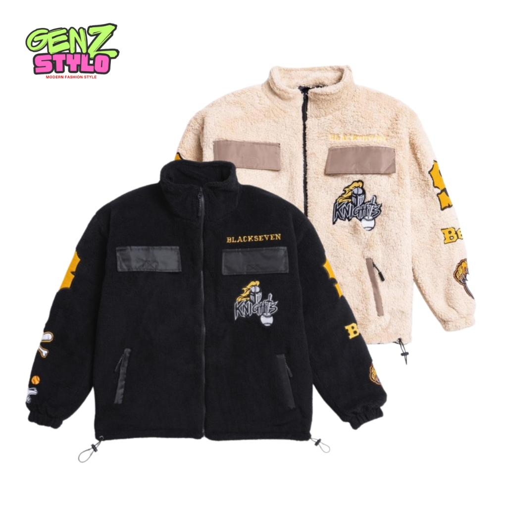 Varsity Sherpa Jacket | Tiger Black & Cream Jaket Sherpa Wanita - Pria Full Bordir