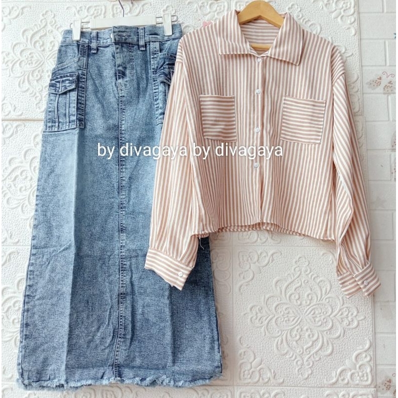 Setelan Wanita Loya Blouse Crop Crincle Motif Salur Rok Span Kargo Jeans Panjang Fashion Kekinian