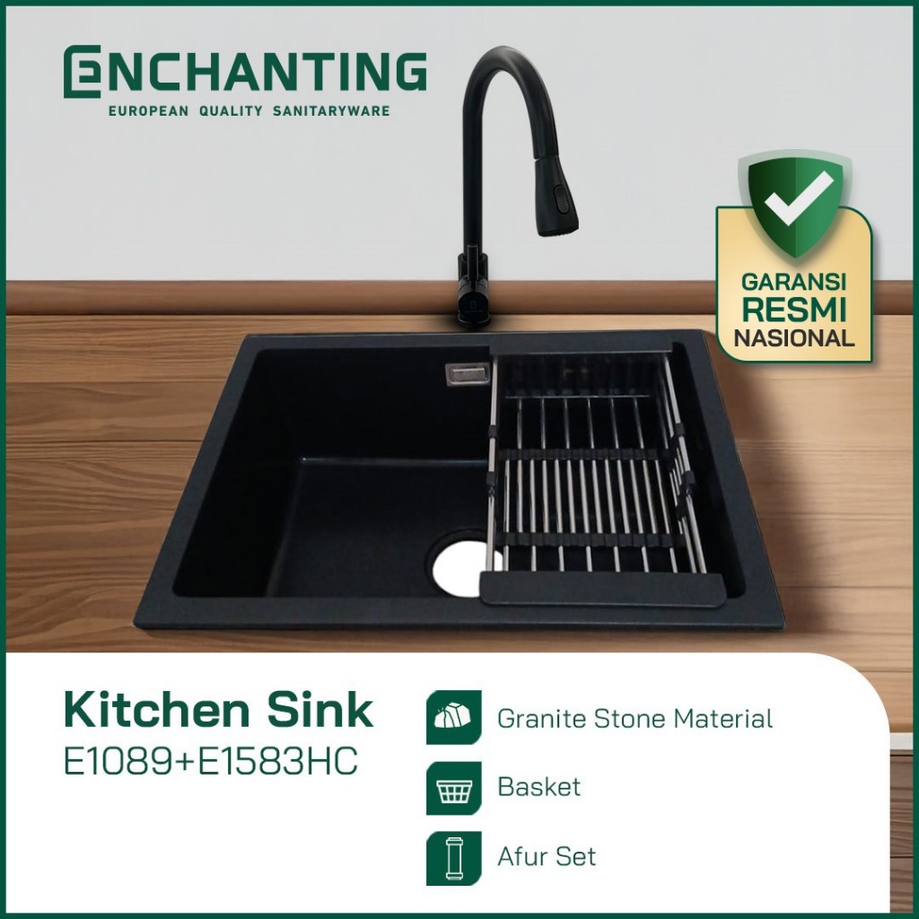 ENCHANTING Kitchen Sink E1089 Bak Cuci Piring Dapur Granite 1 Bowl Topmount Black E1089 Set Keran