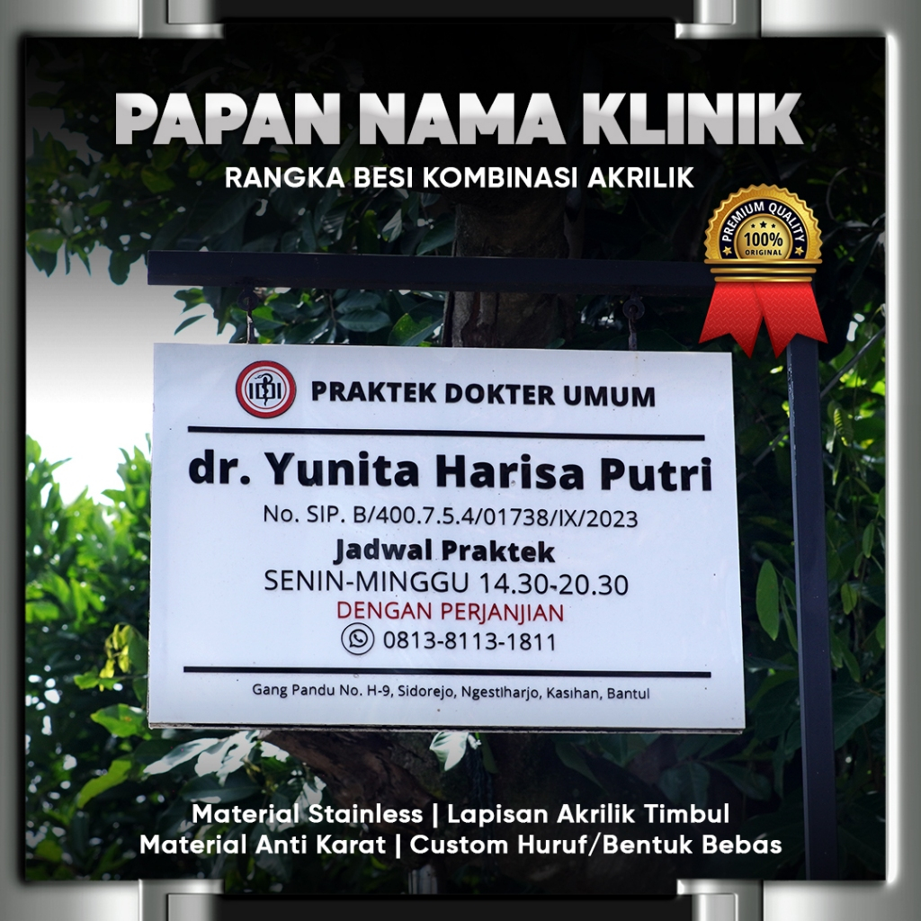 Papan Nama Praktek Dokter Bidan Tenaga Kesehatan Medis Klinik Bahan Rangka Besi Kombinasi Akrilik Hi