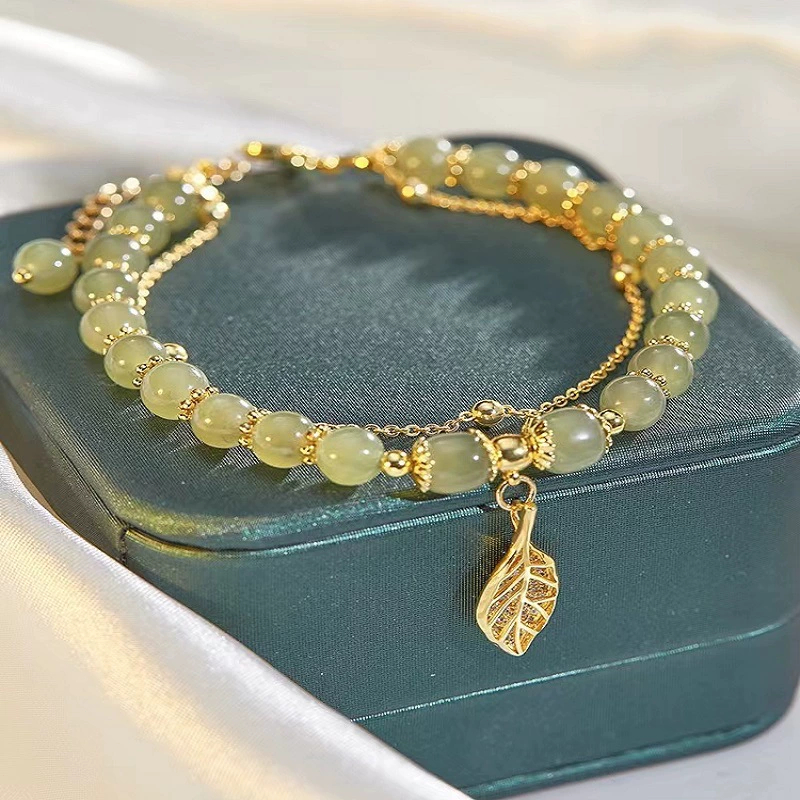 COD Gelang Lapisan Ganda Daun Giok Cabang Emas Gelang Giok Hetian Alami-YES