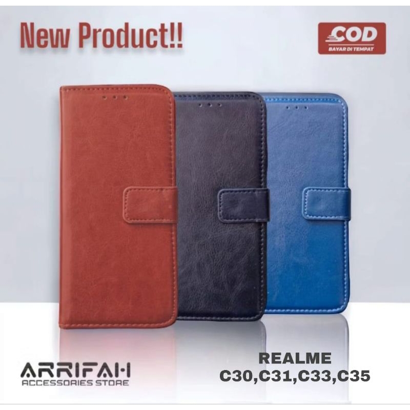 CASE FLIP COVER REALME C30, C31, C33, C35 CASE WALLET DOMPET HP BAHAN KULIT
