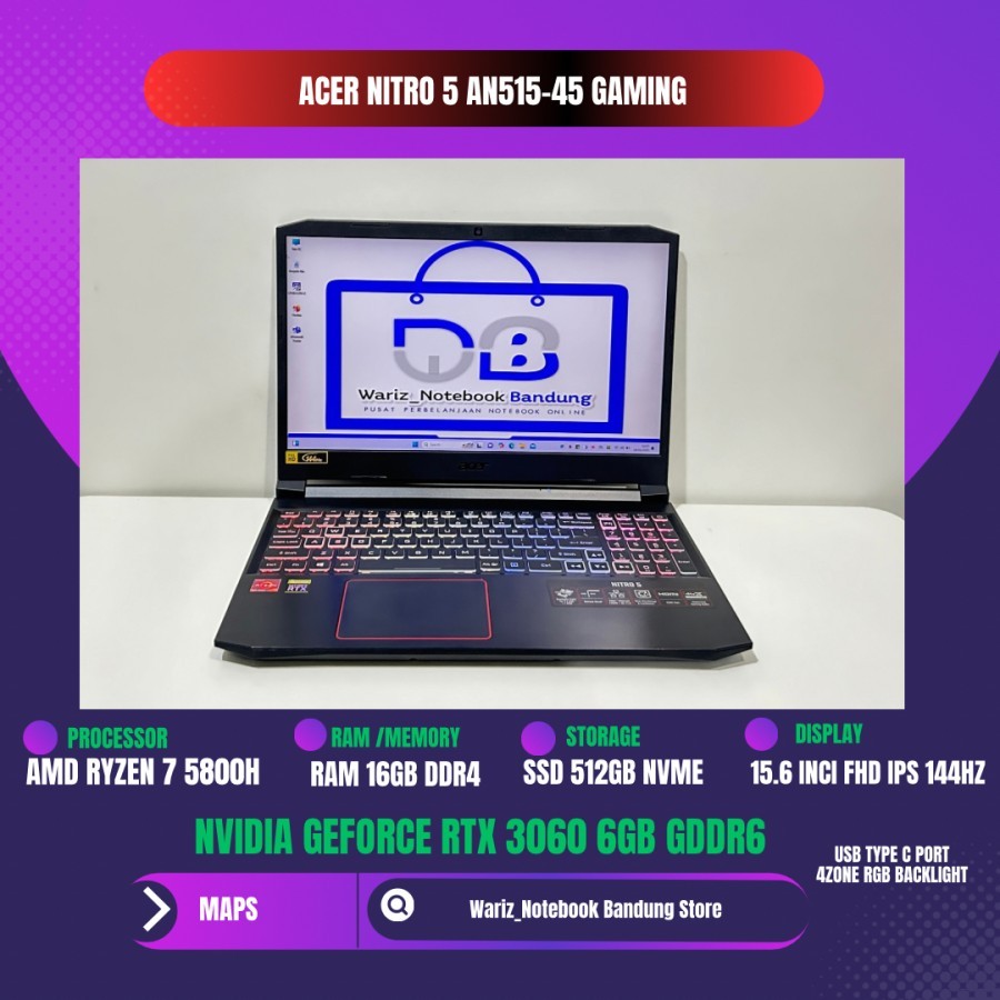 ACER NITRO 5 AN515-45 RYZEN 7 5800H RTX 3060 6GB GDDR6 RAM 16GB SSD 512GB 144Hz
