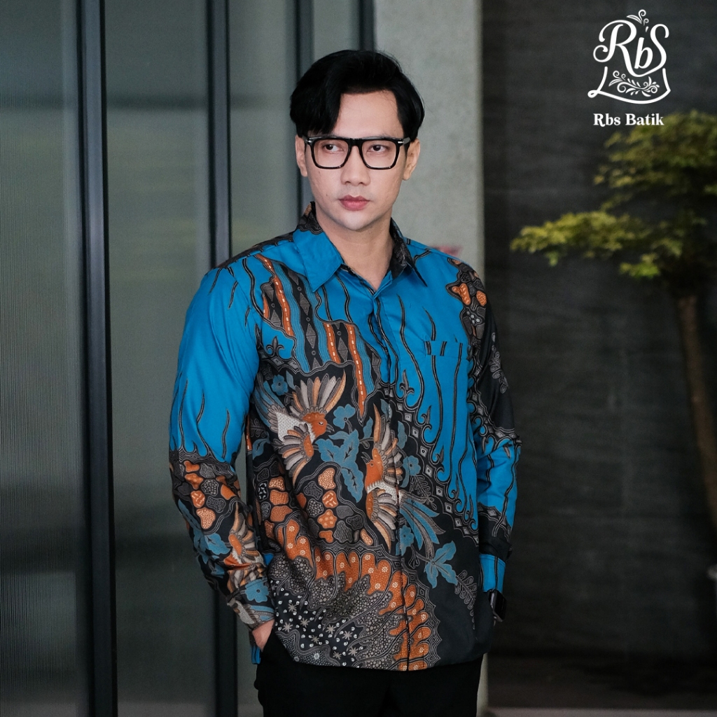 RBS Batik - Kemeja Batik Pria Dewangga Slimfit Lapis Furing Warna Biru Kombinasi Hitam dan Oren Moti