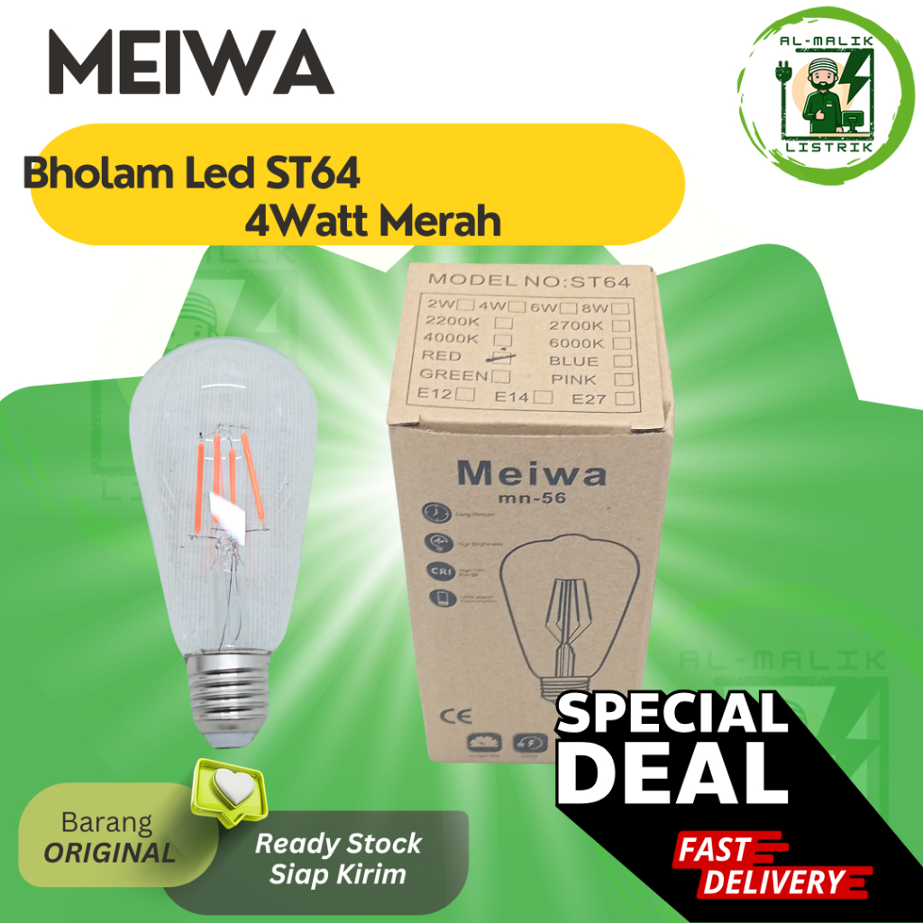 Lampu Cafe E27 Bholam Led ST64 4Watt Merah Meiwa Mn-56 Lampu LED Filamen Meiwa Hias Cafe E27 Hijau