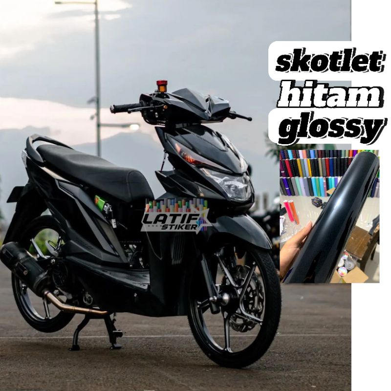 STIKER SKOTLET MOTOR HITAM GLOSSY LENTUR KUAT SKOTLET HITAM GLOSSY STIKER HITAM GLOSS PREMIUM