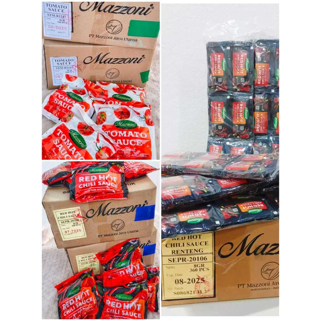 

Mazzoni Saus Sachet Tomato Sauce/Red Hot Chili Sauce Pak/Red Hot Chili Sauce Renteng isi 15 pack ( KARTONAN )