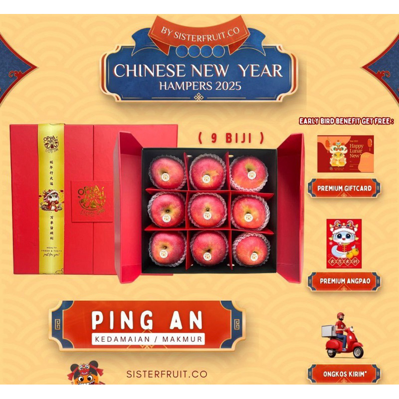 

HAMPERS BUAH APEL IMLEK/ HAMPERS PREMIUM CHINESE NEW YEAR MAKASSAR 2025 PING AN (KEDAMAIAN/MAKMUR)