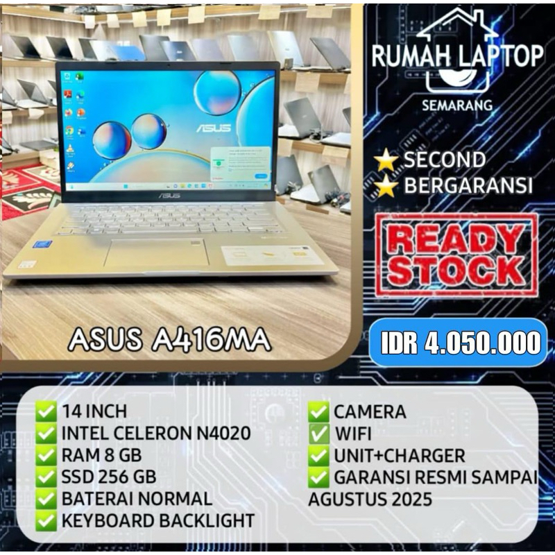 Laptop Asus A416MA (second). Intel celeron N4020. RAM 8 GB. SSD 256 GB. GARANSI RESMI SAMPAI AGUSTUS