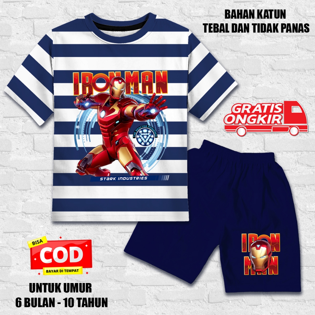 Setelan salur lengan pendek anak laki laki perempuan set kaos anak katun dtf iron man 1