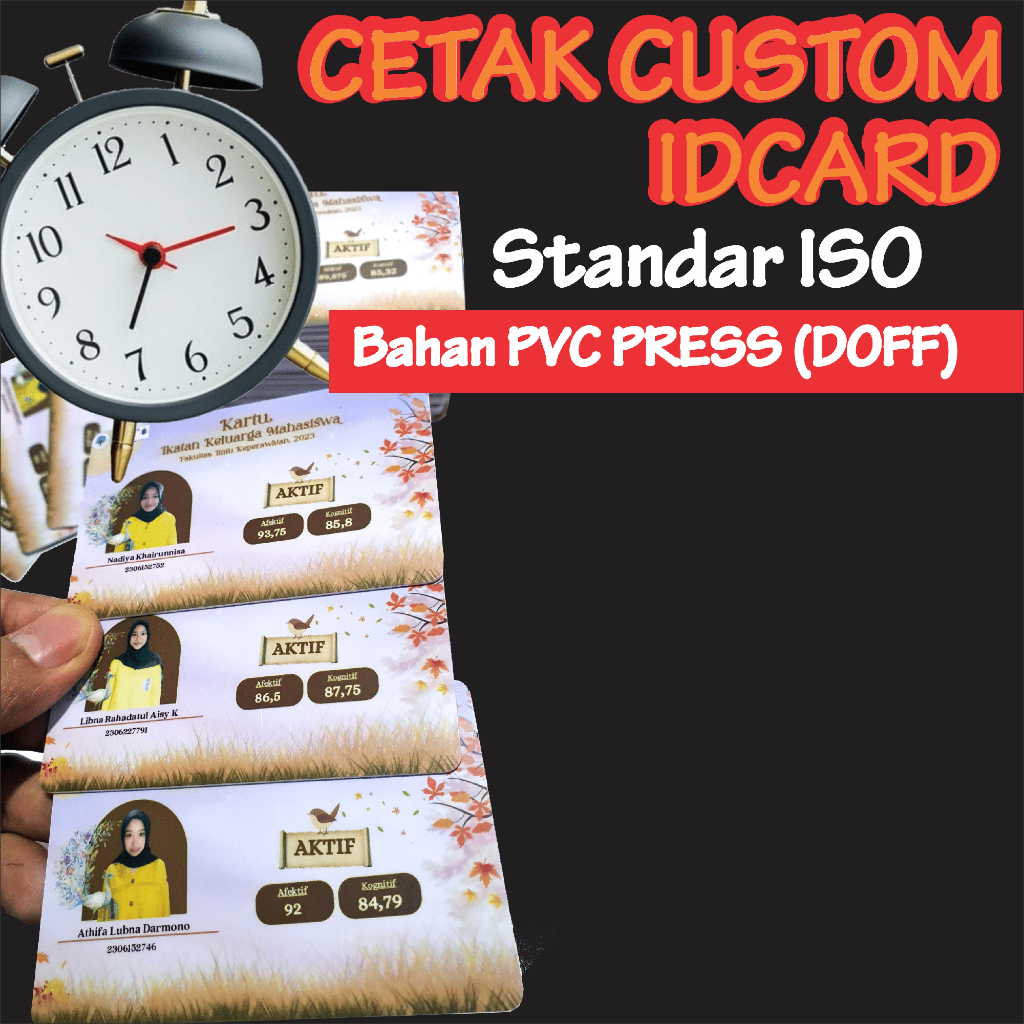 

Cetak Id card DOFF Bahan Pvc PRESS OVEN, kartu member, pelajar, mahasiswa cetak min 11pcs+
