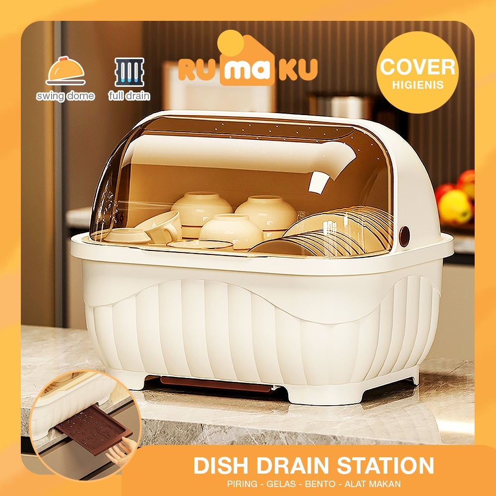 TERLARIS Rumaku Rak Piring Plastik Dengan Tirisan Air Dan Tutup Transparan Tempat Penyimpanan