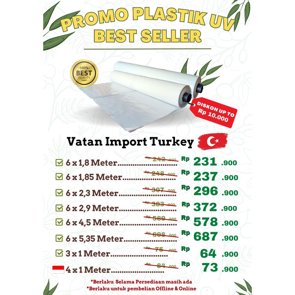 PROMO Part 1!!! Plastik UV Vatan Import Turki Lebar 6 Meter - Plastik UV Lokal Juara Lebar 4 Meter -