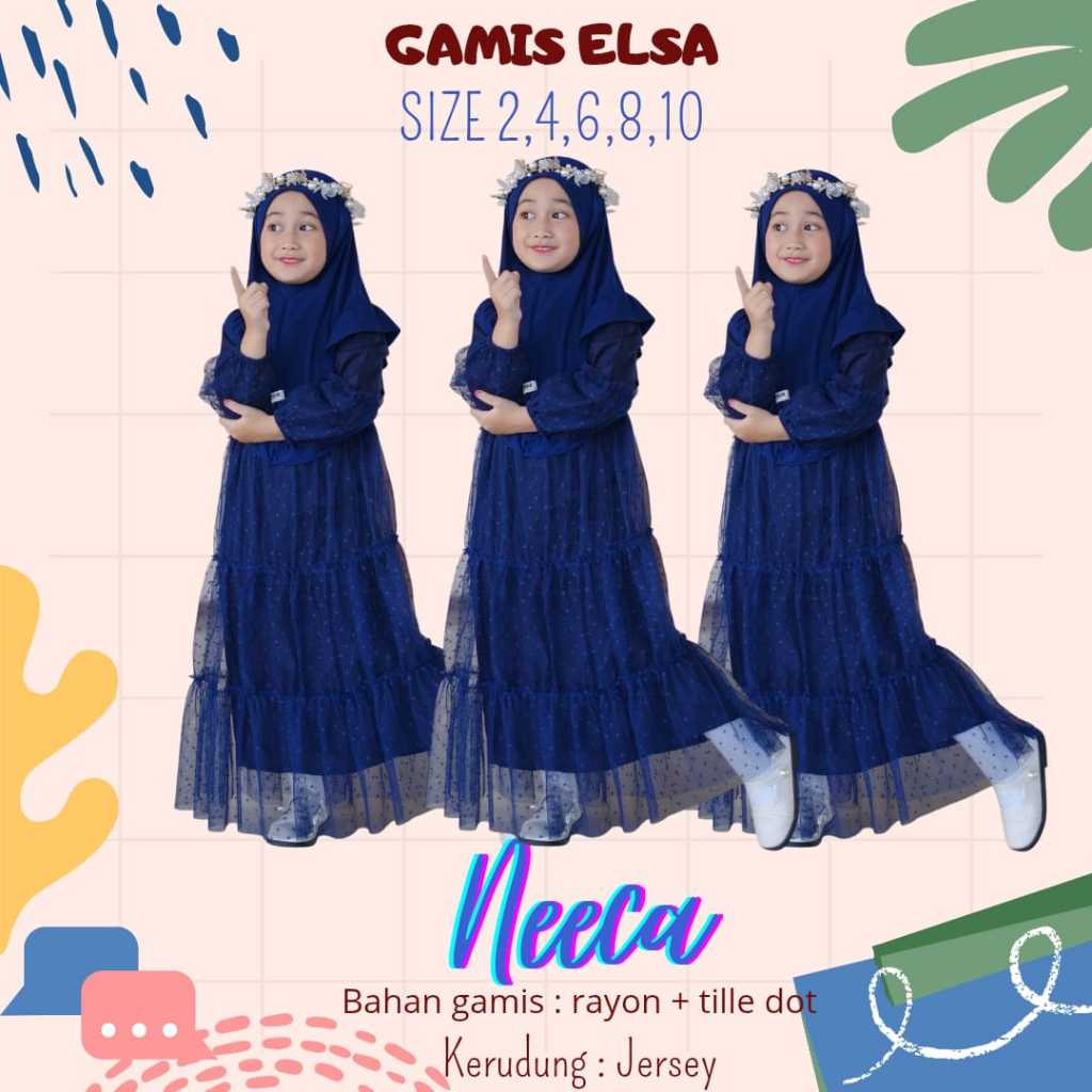 Gamis Elsa Set Kerudung Warna Navy Gamis Anak Kerudung Bahan Rayon Tile Dot Neeca Size 2 4 6 8 10 Ta