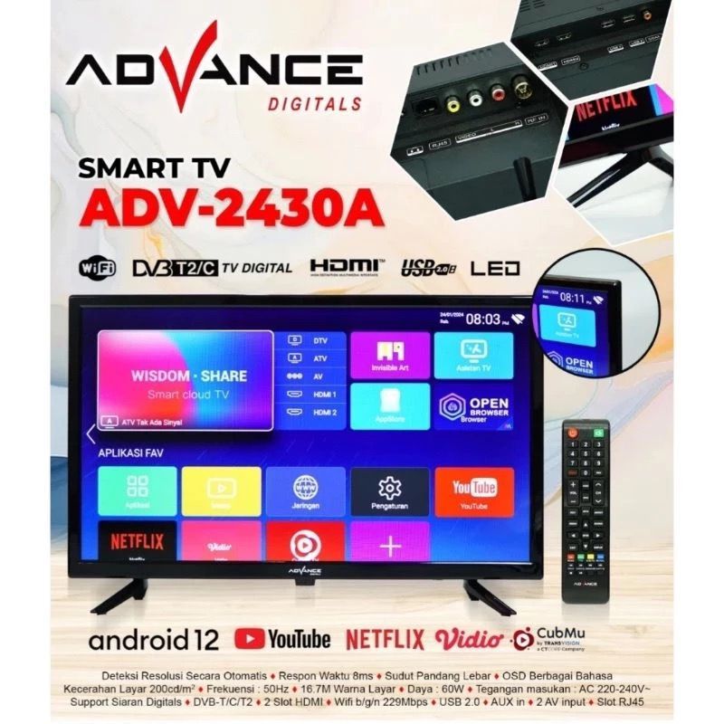 Advance ADV-2430A Smart Televisi Android TV LED 24 inch HD Support Siaran Digital DV3 T2/C Garansi R