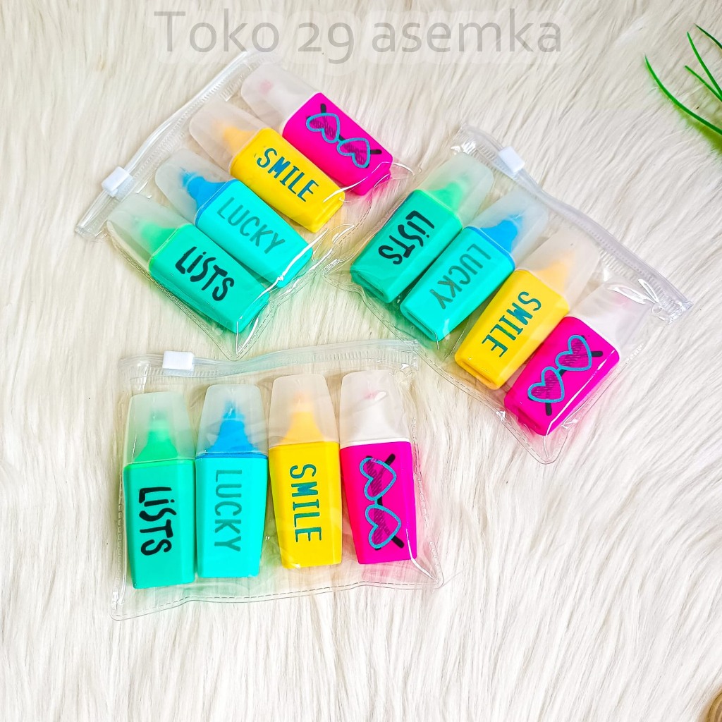 

HIGHLIGHTER SMILE KARAKTER 1 BOX ISI 4 PCS ALAT TULIS KEKINIAN STABILO SPIDOL WARNA WARNI STABILO