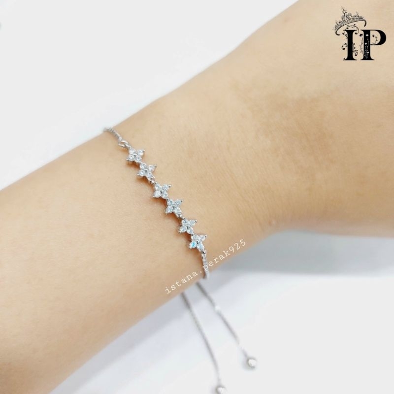 Gelang Perak Asli Silver 925 Lapis Emas Putih Model Serut Bunga Permata - Gelang Serut Anti Karat - 