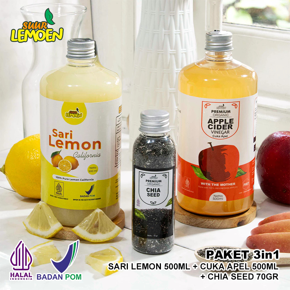 

SUUR LEMOEN - PAKET DIET 3IN1 - SARI LEMON 500ML, CUKA APEL 500ML, CHIASEED 70GR - DIET SEHAT JSR