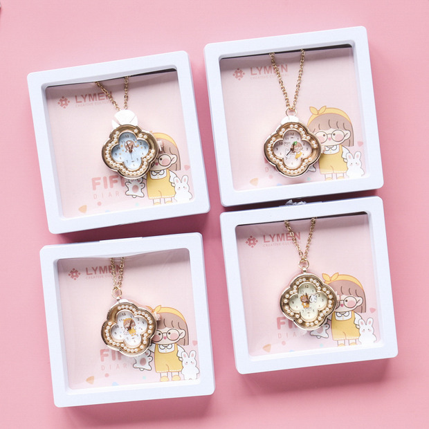 Kalung Jam Motif Clover Lucu Necklace Watch Kalung Wanita Model Jam Terbaru