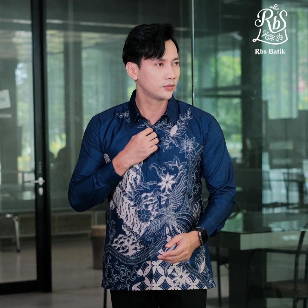 Rbs Batik - Kemeja Batik Pria Gumantama Slimfit Lapis Furing Biru Cream Motif Cendrawasih Batik