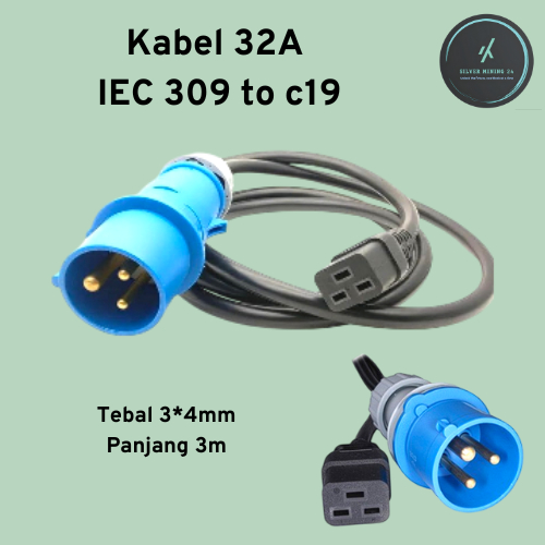 Kabel 32A IEC 309 to c19 tebal 3*4mm 3 meter spec khusus mining power cord AP9876 converter UPS SM24