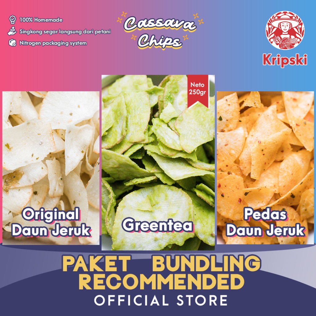 

Bundling Recommended “Pedas Daun Jeruk + Greentea + Original Daun Jeruk” 250gr Keripik Singkong