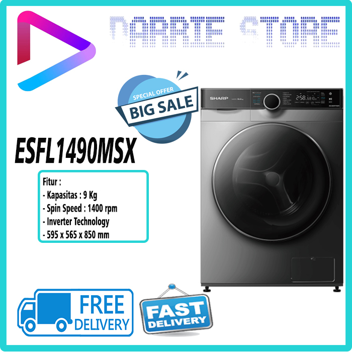 Sharp ES-FL1490MSX Mesin Cuci Front Loading 9 Kg Inverter Silver