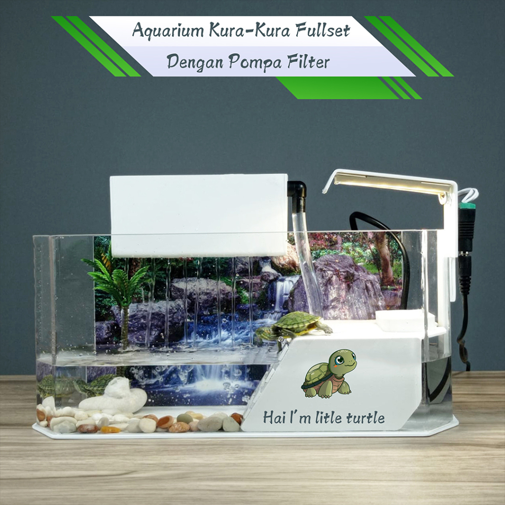 Aquarium kura kura brazil fullset/akuarium kura-kura dengan pompa dan tabung filter air