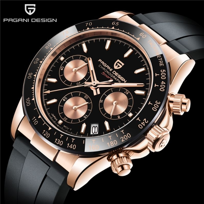 NEW PAGANI DESIGN DAYTONA GOLD BLACK DIAL CERAMIC BEZEL STEEL SOLID 316 L SAFIR + AR COATING WR 100 