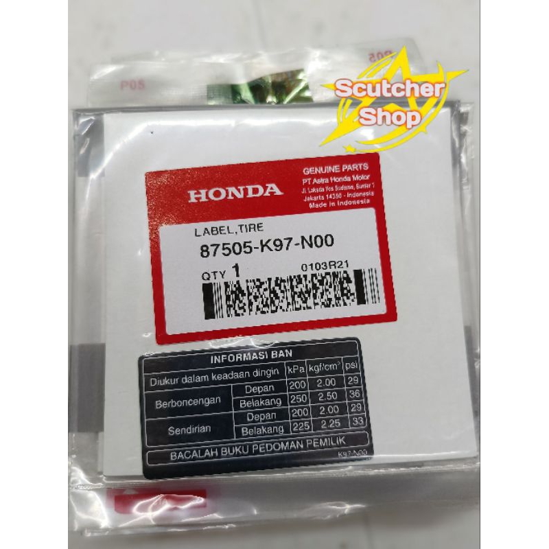 Label Sticker Stiker Informasi Tekanan Angin Ban Honda PCX 150 Original