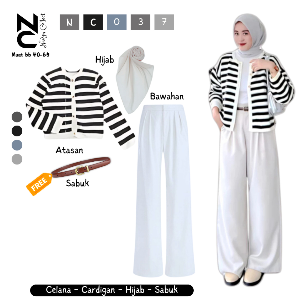One Set Wanita Kekinian 3in1(cardigan crop+celana knit premium+hijab bella square) NC037
